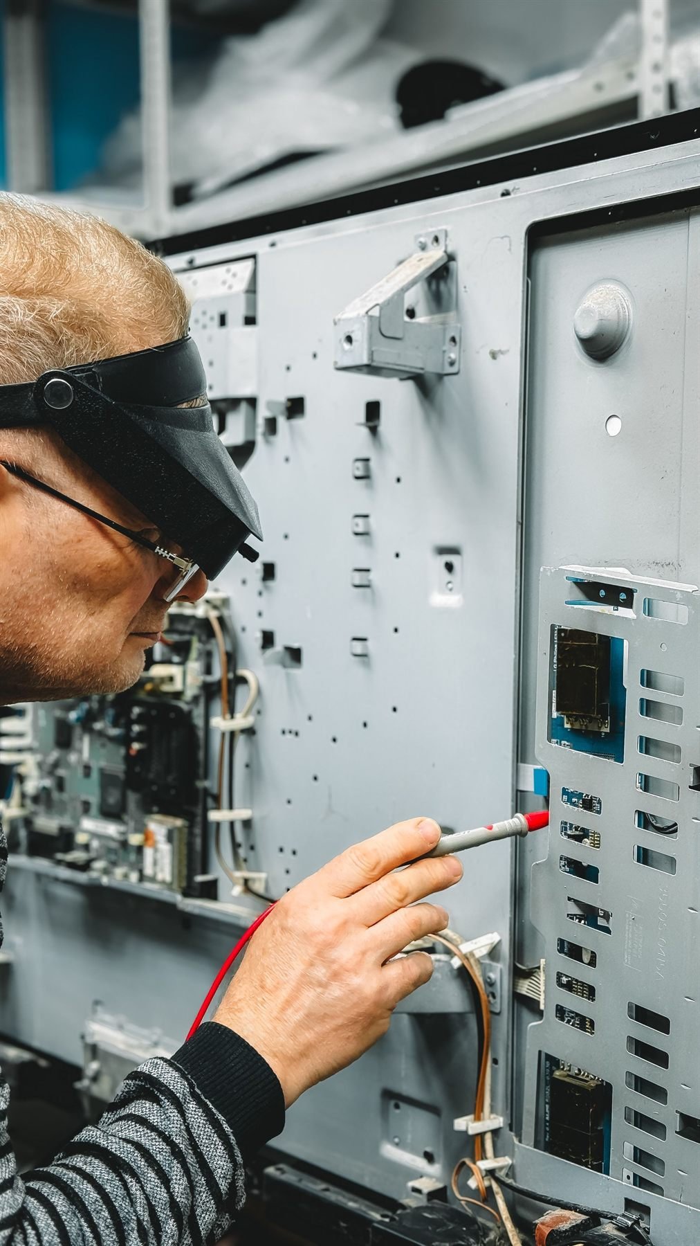 Close-up of a technician inspecting a circuit board