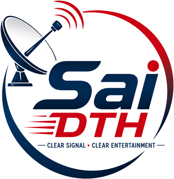 Sai DTH logo - satellite dish with the words Sai DTH, Clear Signal Clear Entertainment